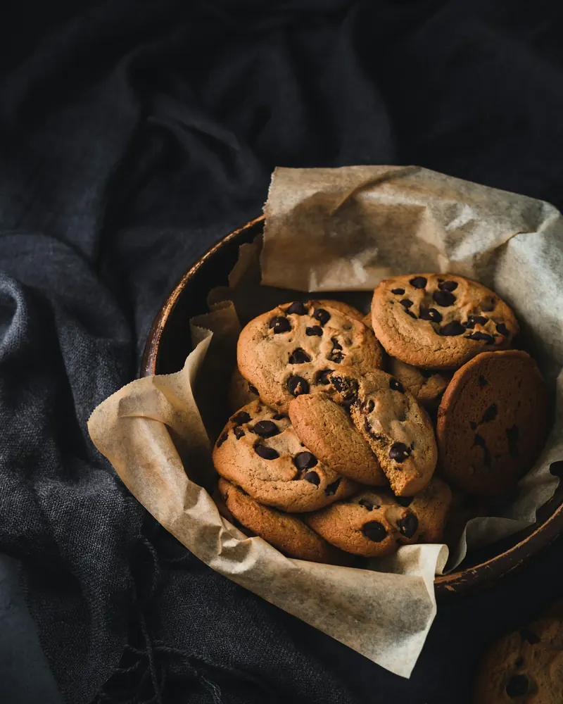 Chocolate chip cookies in a basket